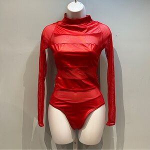 Mapale Red Long Sleeve Bodysuit Mesh Cutouts Medium NWT
